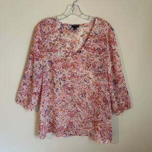 Ann Taylor Pink/Orange/Purple Floral V-Neck 3/4-Sleeve Tunic Blouse Size Medium